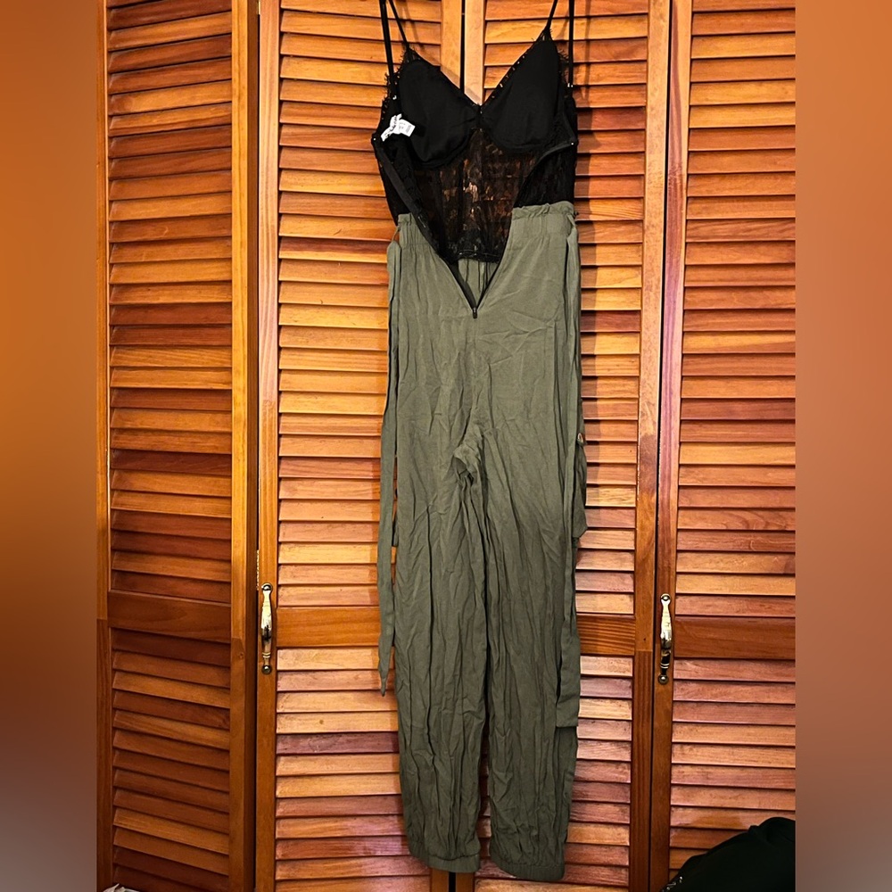 Charlotte Russe Black Lace & Olive Green Utility Jumpsuit - Picture 4 of 6
